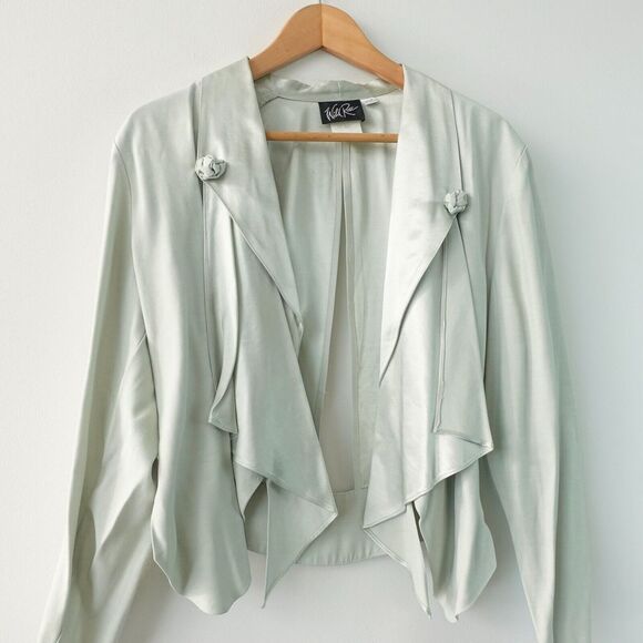 90s Crop Cocktail Blazer Small Light Green Satin Cut Out Waterfall WILD ROSE USA - Picture 1 of 13